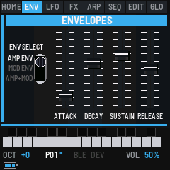 The ENVELOPES panel: Env Select at the left at Amp Env, then the Attack, Decay, Sustain and Release faders