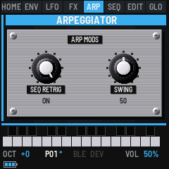 ARP MODS: a brushed plate with the SEQ RETRIG and SWING knobs