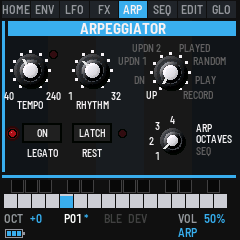 The ARPEGGIATOR panel playing: TEMPO and RHYTHM, MODE with its eight positions around it, the OCTAVES switch with its four positions, ON's LED lit beside it over LEGATO, LATCH over REST