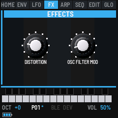 The EFFECTS panel: the Distortion and Osc Filter Mod knobs