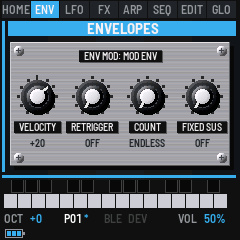 The ENV group's mods: a brushed plate, ENV MOD for the envelope Env Select picks, its Velocity, Retrigger, Count and Fixed Sus knobs