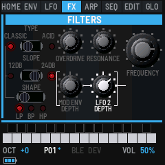 The FILTERS panel, LFO 2's view: the LFO 2 depth lit, the rest dimmed