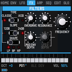 The FILTERS panel: the Type, Slope and Shape switches with their LEDs, Overdrive and Resonance, the Mod Env and LFO 2 depths bracketed to the big Frequency knob
