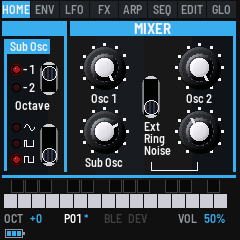 MIX FX as the Bass Station II's panel: the Sub Osc's octave and wave switches with their LEDs, then the MIXER: Osc 1, Osc 2, Sub Osc and the Ext / Ring / Noise switch with its knob