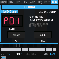 GLO DUMP: P01 on the display, then the All 32 button (FX) and the Sound button (SEL)