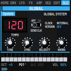 GLO SYS: the tempo 120 on the display, the Send Clk switch, the clock and the version, then Tune, Sync, Velocity and Knobs