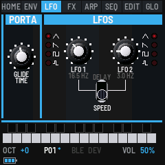 PORTA's Glide Time, then the LFOS: each LFO's wave LEDs and knob, its speed under it, the Delay/Speed switch between them