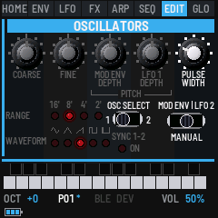 The OSCILLATORS panel, the pulse width's view: its knob and the Mod Env / Manual / LFO 2 switch lit, the rest dimmed