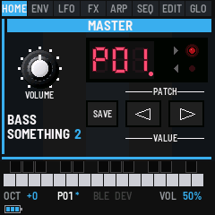 The MASTER panel: the Volume, the red display showing P01, the Save and Patch buttons
