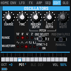 Bass Something 2 while a key is held: the OSCILLATORS panel, its Mod Env depth turned, the key filled cyan on the keyboard