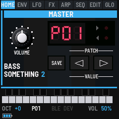 Bass Something 2's MASTER page: the Volume knob, the red P01 display with the Org. Value arrows, Save and the Patch buttons, and the BASS SOMETHING 2 name