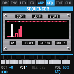 The SEQUENCER plate playing: SEQ 1, LEN 8, STEP 1 over the rhythm's lights and the 32 steps' bars, the step playing marked, then the cursor's note, LEGATO, GATE and RHYTHM