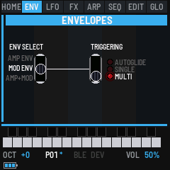 The Triggering page: Env Select, its line to the Triggering switch, Autoglide, Single and Multi with their LEDs